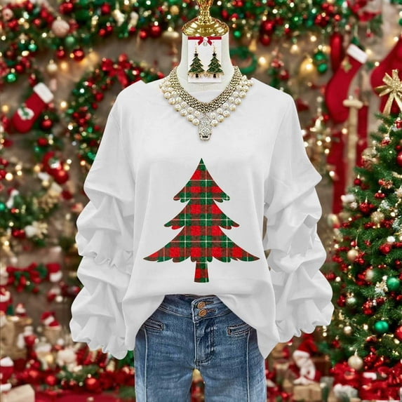 Yteetum Christmas Sweatshirt for Women Oversized Crewneck Christmas Tree Print Pleated Ruffle Trim Pullover Hoodless Sweatshirts Womens Casual Xmas Graphic Round Neck Loose Lantern Sleeve Sweatshirts