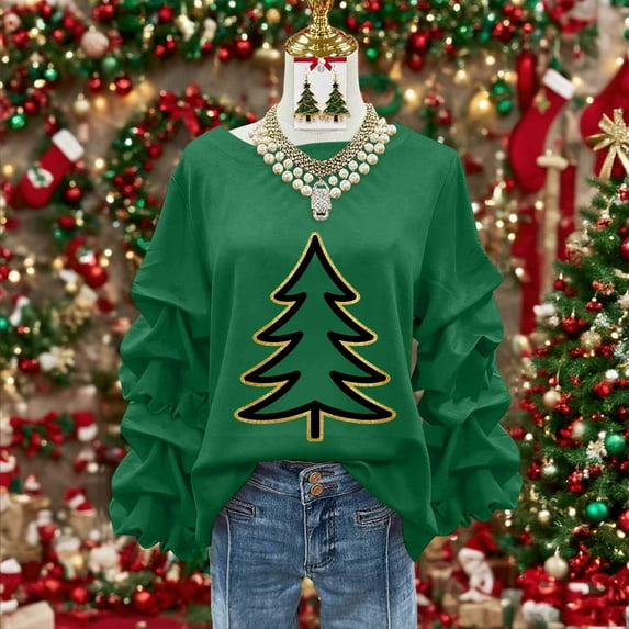 Yteetum Christmas Sweatshirt for Women Oversized Crewneck Christmas Tree Print Pleated Ruffle Trim Pullover Hoodless Sweatshirts Womens Casual Xmas Graphic Round Neck Loose Lantern Sleeve Sweatshirts