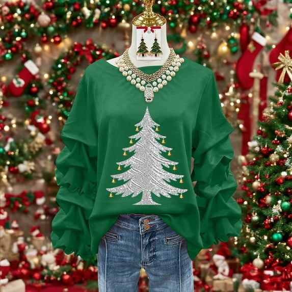 Yteetum Christmas Sweatshirt for Women Oversized Crewneck Christmas Tree Print Pleated Ruffle Trim Pullover Hoodless Sweatshirts Womens Casual Xmas Graphic Round Neck Loose Lantern Sleeve Sweatshirts