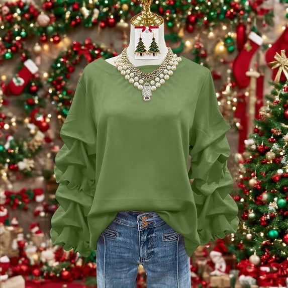 Yteetum Christmas Sweatshirt for Women Oversized Crewneck Pleated Ruffle Trim Drop Shoulder Pullover Hoodless Sweatshirts Womens Casual Solid Round Neck Loose Lantern Sleeve Xmas Holiday Sweatshirts
