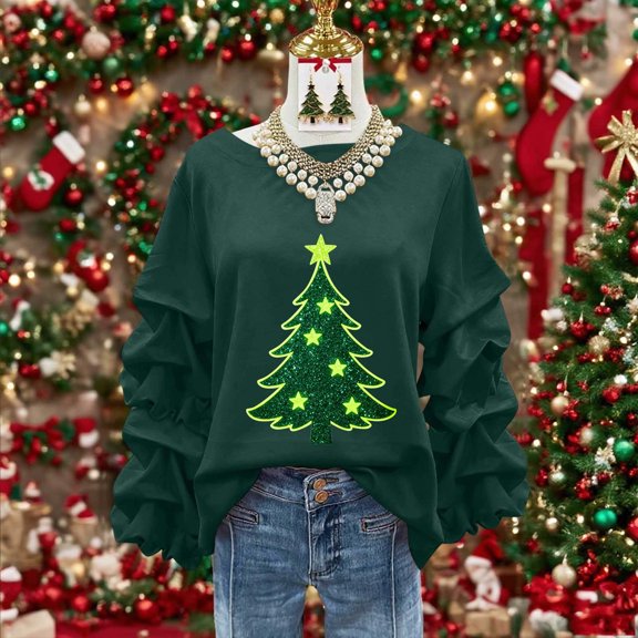 Yteetum Christmas Sweatshirt for Women Oversized Crewneck Pleated Ruffle Trim Drop Shoulder Pullover Hoodless Sweatshirts Womens Casual Xmas Graphic Print Round Neck Loose Lantern Sleeve Sweatshirts