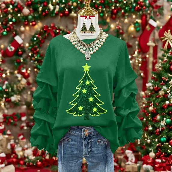 Yteetum Christmas Sweatshirt for Women Oversized Crewneck Pleated Ruffle Trim Drop Shoulder Pullover Hoodless Sweatshirts Womens Casual Xmas Graphic Print Round Neck Loose Lantern Sleeve Sweatshirts