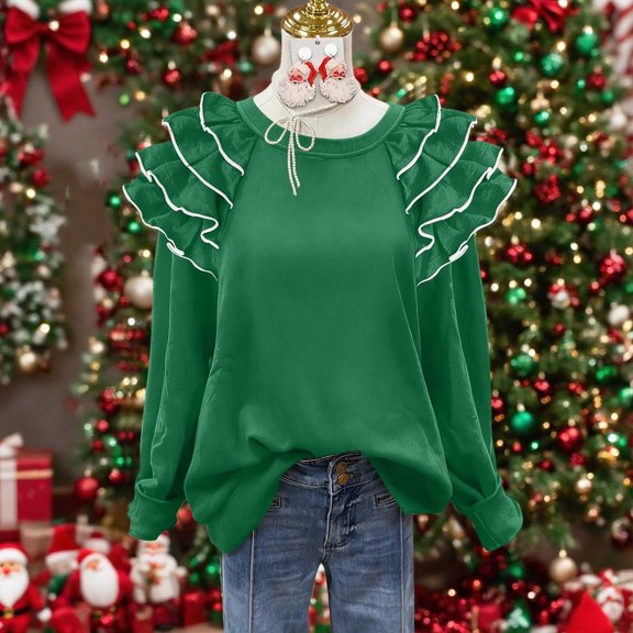 Yteetum Christmas Sweatshirt for Women Oversized Crewneck Pleated Ruffle Trim Drop Shoulder Pullover Hoodless Xmas Lantern Sleeve Top