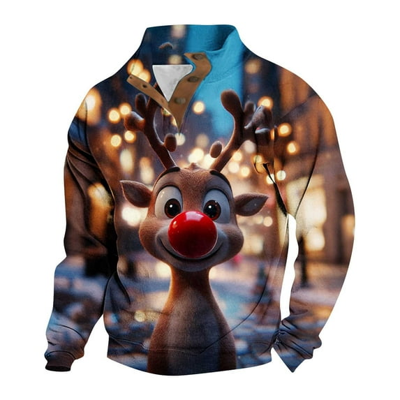 Yteetum Christmas Sweatshirts for Men Oversized Quarter Button Stand Collar Pullover Hoodless Sweatshirt Top Mens Casual 1/4 Button Up Vintage Xmas Graphic Print Long Sleeve Sweatshirt Christmas Gift
