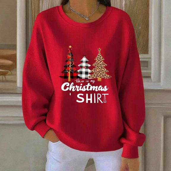 Yteetum Christmas Sweatshirts for Women Oversized Christmas Print Hoodless Long Sleeve Crewneck Knit Pullover Sweatshirt Top Womens Casual Loose Xmas Holiday Print Round Neck Sweatshirts Fall