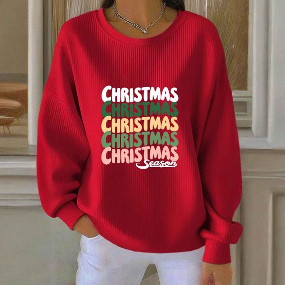 Yteetum Christmas Sweatshirts for Women Oversized Christmas Print Hoodless Long Sleeve Crewneck Knit Pullover Sweatshirt Top Womens Casual Loose Xmas Holiday Print Round Neck Sweatshirts Fall