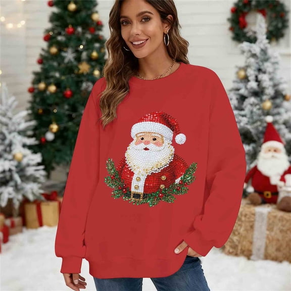Yteetum Christmas Sweatshirts for Women Oversized Crewneck Loose Pullover Hoodless Sweatshirts Tops Womens Casual Round Neck Xmas Graphic Print Long Sleeve Fall Sweatshirts Fall Clothes Clothes