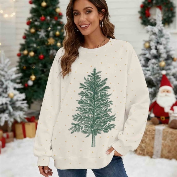 Yteetum Christmas Sweatshirts for Women Oversized Crewneck Loose Pullover Hoodless Sweatshirts Tops Womens Casual Round Neck Xmas Graphic Print Long Sleeve Fall Sweatshirts Fall Clothes Clothes