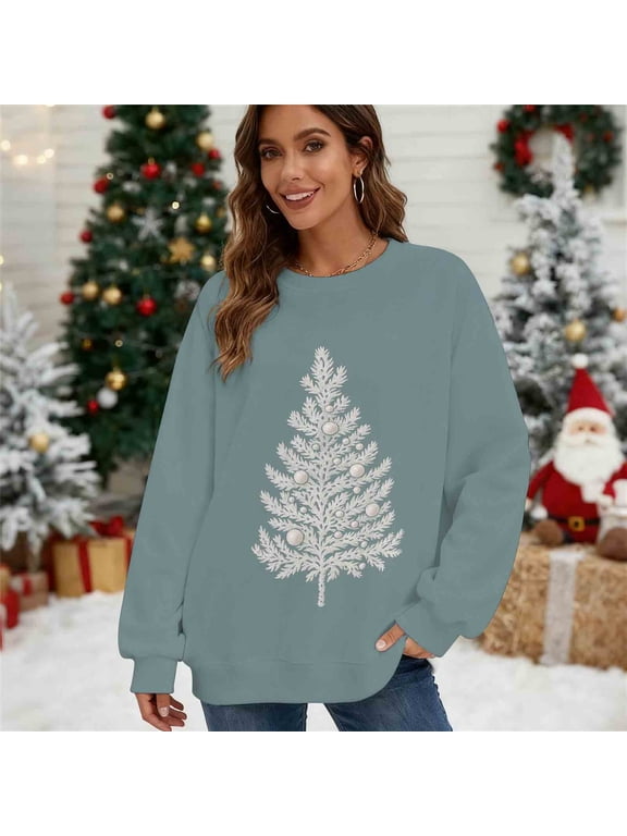 Christmas Sweatshirts for Women Oversized Crewneck Loose Pullover Hoodless Sweatshirts Tops Womens Casual Round Neck Xmas Graphic Print Long Sleeve Fall Sweatshirts Fall Clothes Clothes
