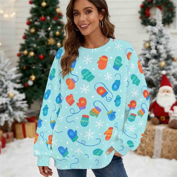 Yteetum Christmas Sweatshirts for Women Oversized Crewneck Loose Pullover Hoodless Sweatshirts Tops Womens Casual Round Neck Xmas Graphic Print Long Sleeve Fall Sweatshirts Fall Clothes Clothes