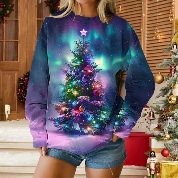 Yteetum Christmas Sweatshirts for Women Oversized Crewneck Xmas Graphic Pullover Hoodless Sweatshirts Womens Casual Christmas Print Loose Long Sleeve Round Neck Sweatshirts Fall Clothes Clothes