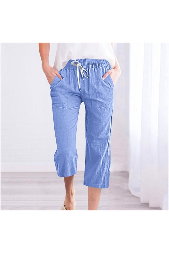 Under $15 Womens Cropped Pants Fall Fragrant Hemps Solid Color Drawstring Waist Wide Leg Loose Cotton Linen Pants Ladies Casual Comfy Lightweight Elastic Waist 7/10 Pants XXL