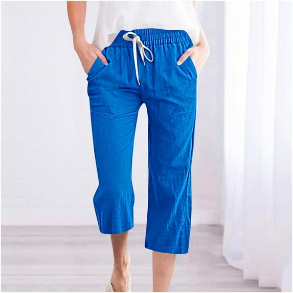 Yteetum Under $15 Womens Cropped Pants Fall Fragrant Hemps Solid Color Drawstring Waist Wide Leg Loose Cotton Linen Pants Ladies Casual Comfy Lightweight Elastic Waist 7/10 Pants XXXL