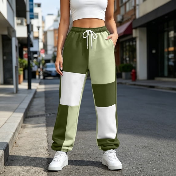 Yteetum Color Block Sweatpants Women Baggy High Waisted Drawstring Athletic Workout Gym Pants Fall Winter Solid Loose Comfy Joggers Sweatpant