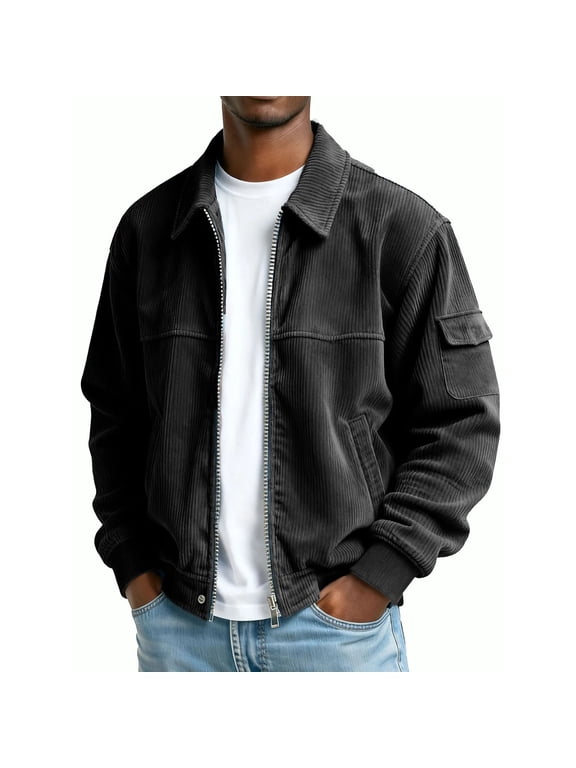 Corduroy Jackets for Men Zip Up Lapel Vintage Long Sleeve Pocket Jacket Casual Solid Turndown Collar Loose Zipper Bomber Jackets