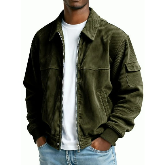 Yteetum Corduroy Jackets for Men Zip Up Lapel Vintage Long Sleeve Pocket Jacket Casual Solid Turndown Collar Loose Zipper Bomber Jackets
