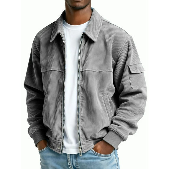 Yteetum Corduroy Jackets for Men Zip Up Lapel Vintage Long Sleeve Pocket Jacket Casual Solid Turndown Collar Loose Zipper Bomber Jackets