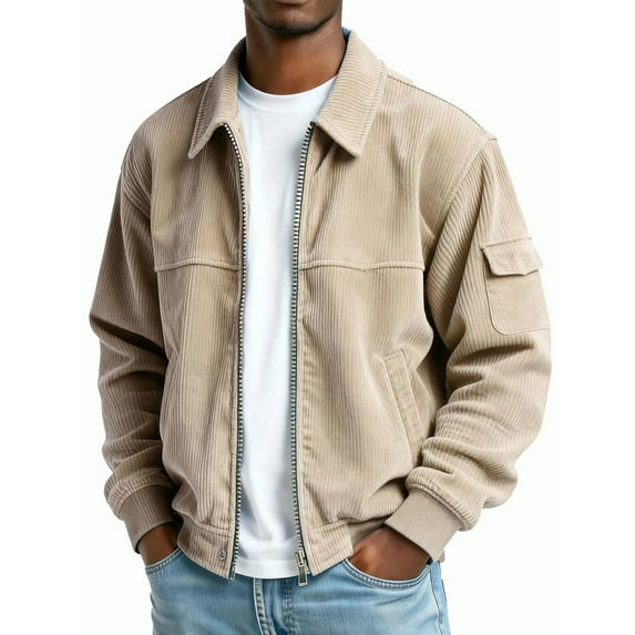 Yteetum Corduroy Jackets for Men Zip Up Lapel Vintage Long Sleeve Pocket Jacket Casual Solid Turndown Collar Loose Zipper Bomber Jackets
