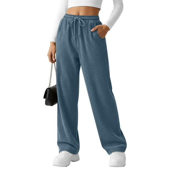 Yteetum Corduroy Pants for Women Oversized Slim Fits Elastic Waisted Drawstring Lounge Pant Womens Casual Solid Plus Size Loose Fits Comfortable Trousers Straight Leg Work Pants with Pockets