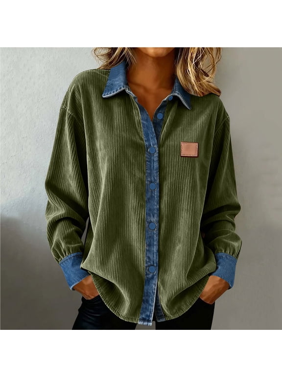 Corduroy Shirts for Women Oversized Lapel Button Down Long Sleeve Denim Patchwork T Shirt Top Womens Casual Plus Size Turndown Vintage Loose Comfy Blouses Cardigan Jacket Fall Spring Clothes