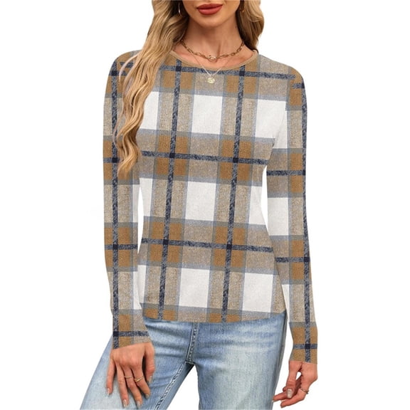 Yteetum Crewneck Shirts for Women Oversized Plaid Print Slim Ribbed Knitted Long Sleeve T Shirts Top Womens Casual Plus Size Round Neck Checkered Printed Stretch Loose Comfy Tee Fall Spring Clothes