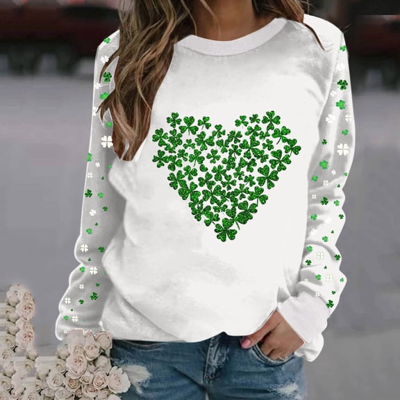 Yteetum Crewneck Sweatshirt for Women Oversized St. Patricks Day Heart Printed Regular Sleeve Pullover Hoodless Sweatshirts Tops Womens Casual Round Neck St Patrick's Print Long Sleeve Sweatshirts