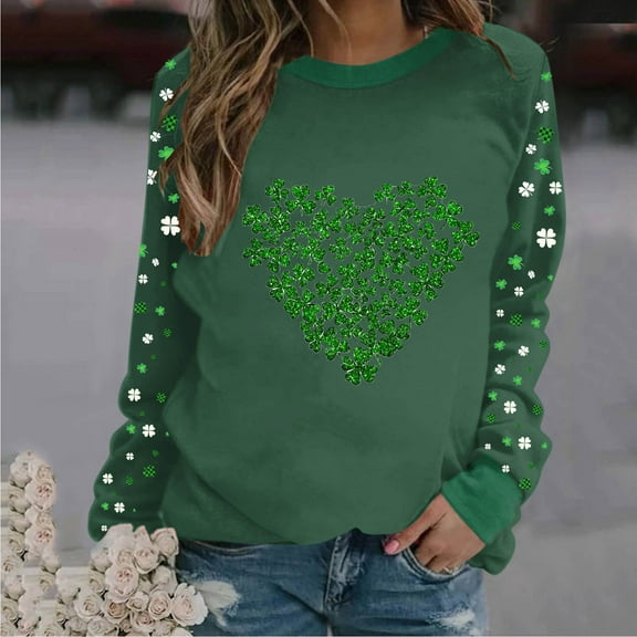 Yteetum Crewneck Sweatshirt for Women Oversized St. Patricks Day Heart Printed Regular Sleeve Pullover Hoodless Sweatshirts Tops Womens Casual Round Neck St Patrick's Print Long Sleeve Sweatshirts