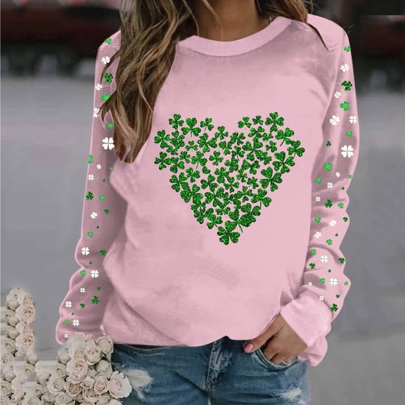 Yteetum Crewneck Sweatshirt for Women Oversized St. Patricks Day Heart Printed Regular Sleeve Pullover Hoodless Sweatshirts Tops Womens Casual Round Neck St Patrick's Print Long Sleeve Sweatshirts