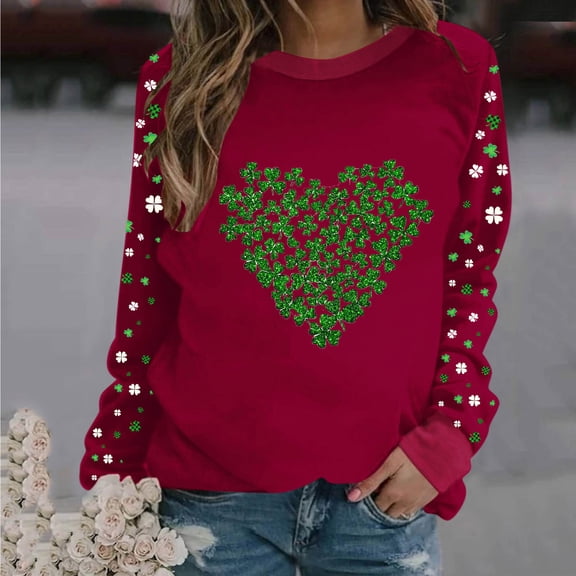 Yteetum Crewneck Sweatshirt for Women Oversized St. Patricks Day Heart Printed Regular Sleeve Pullover Hoodless Sweatshirts Tops Womens Casual Round Neck St Patrick's Print Long Sleeve Sweatshirts