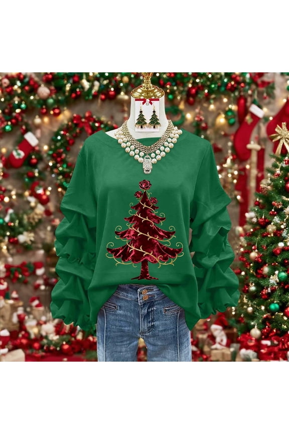 Crewneck Sweatshirts for Women Oversized Christmas Pleated Ruffle Trim Pullover Hoodless Sweatshirts Tops Womens Casual Christmas Graphic Print Round Neck Loose Lantern Sleeve Xmas Sweatshirt