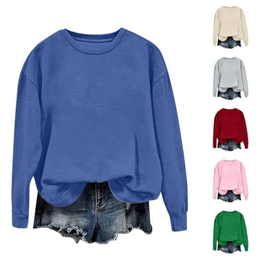 Yteetum Dark Blue Light Weight Sweatshirt for Women Round Neck Solid Color Loose Fitting Hoodless Sweatshirt Ladies Crew Neck Comfortable Sweatshirts Tops-Summer Savings Clearance