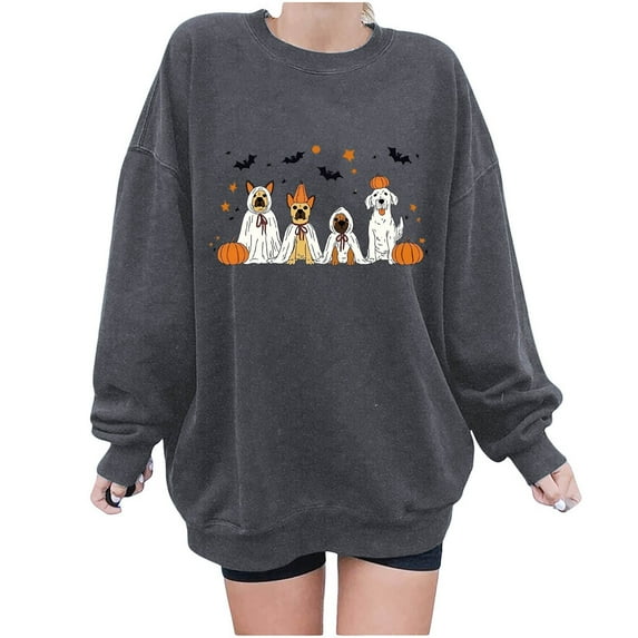 Yteetum Dark Gray Lightweight Sweatshirts for Women Plus Size Fall Winter Halloween Printed Casual Long Sleeve Round Neck Hoodless Sweatshirt Tops