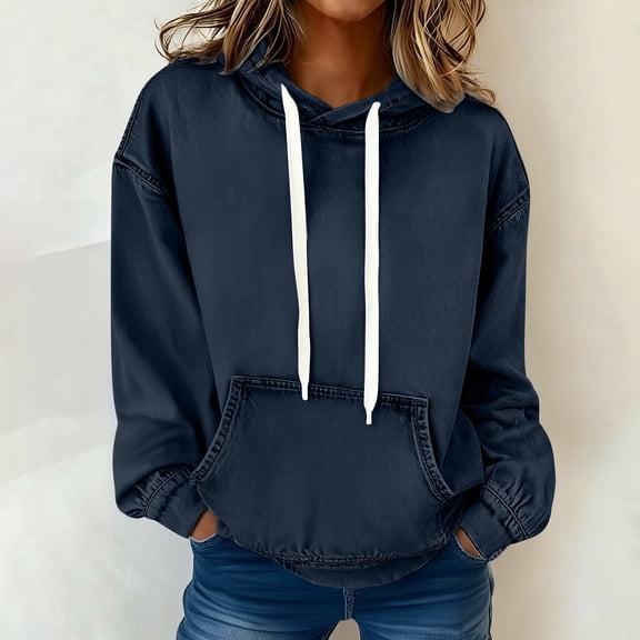 Yteetum Denim Hoodies for Women Oversized Crewneck Drawstring Hooded Sweatshirts Top Womens Casual Solid Plus Size Round Neck Long Sleeve Hood Sweatshirt with Pockets Blouses Fall Spring Clothes