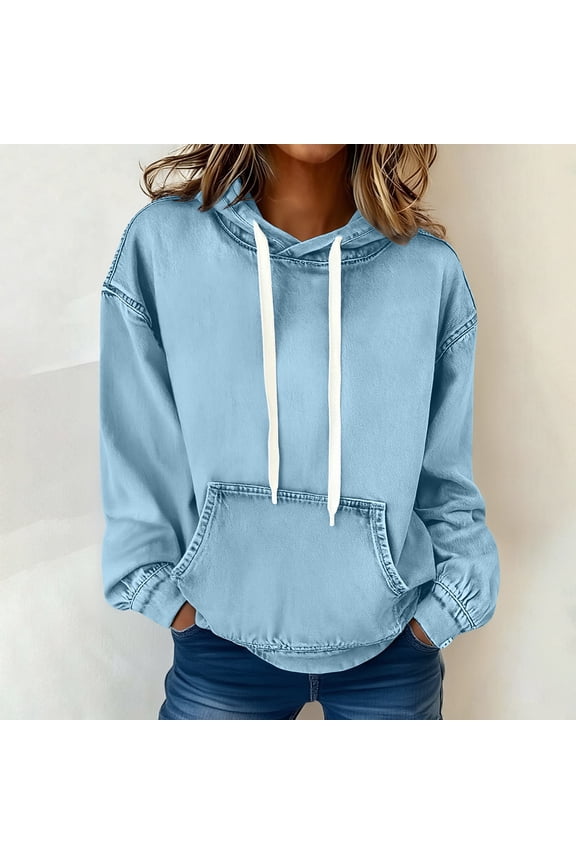 Denim Hoodies for Women Oversized Crewneck Drawstring Hooded Sweatshirts Top Womens Casual Solid Plus Size Round Neck Long Sleeve Hood Sweatshirt with Pockets Blouses Fall Spring Clothes