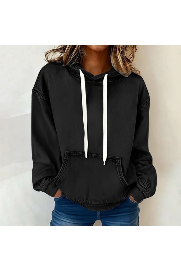 Denim Hoodies for Women Oversized Crewneck Drawstring Hooded Sweatshirts Top Womens Casual Solid Plus Size Round Neck Long Sleeve Hood Sweatshirt with Pockets Blouses Fall Spring Clothes