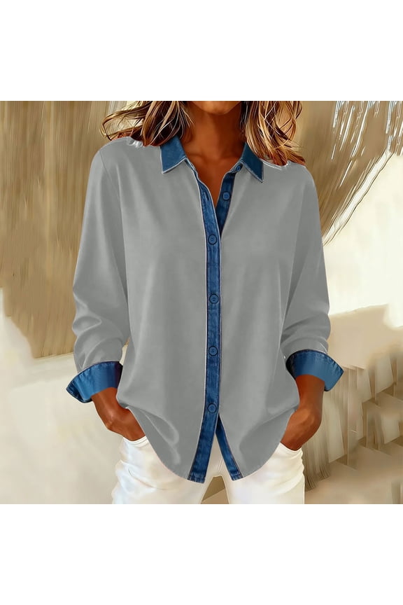 Denim Patchwork Long Sleeve Shirts for Women Oversized Lapel Button Down T Shirts Top Womens Casual Plus Size Contton Touch Vintage Loose Comfy Blouses Cardigan Jackets Fall Spring Clothes