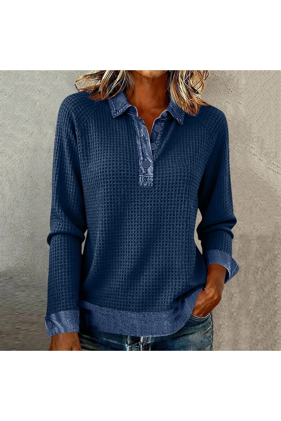 Denim Patchwork Sweatshirts for Women Oversized Lapel Quarter Button Down Sweatshirt Pullover Tops Casual Plus Size Turndown Collar Loose Comfy Long Sleeve T Shirt Fall Spring Clothes