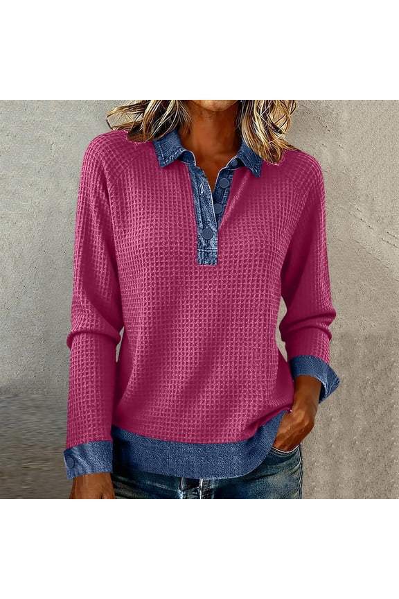 Denim Patchwork Sweatshirts for Women Oversized Lapel Quarter Button Down Sweatshirt Pullover Tops Casual Plus Size Turndown Collar Loose Comfy Long Sleeve T Shirt Fall Spring Clothes