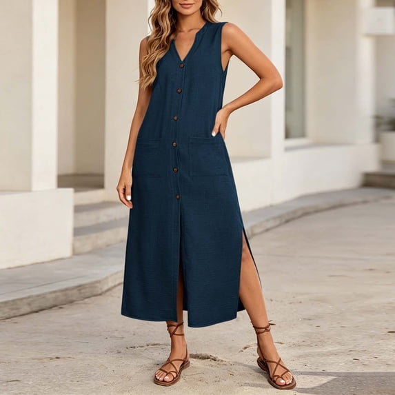 Yteetum Dresses for Women Summer Cotton Short Sleeve V Neck Button Split Hem Maxi Dresses Sundress Casual Solid Loose Fits Lightweight Comfy Travel Vacation Dress
