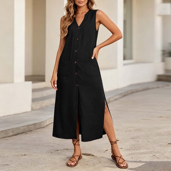 Yteetum Dresses for Women Summer Cotton Short Sleeve V Neck Button Split Hem Maxi Dresses Sundress Casual Solid Loose Fits Lightweight Comfy Travel Vacation Dress