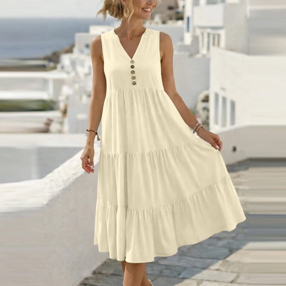 Yteetum Dresses for Women Summer Sleeveless V Neck A Line Tiered Flowy Mini Dress Casual Solid Loose Lightweight Comfy Travel Vactaion Dresses