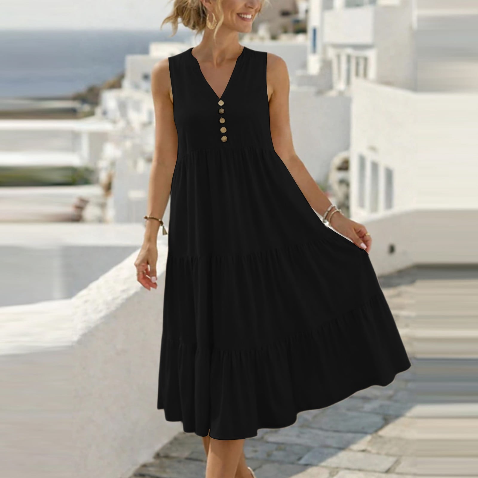 flowy mini dresses for women Yteetum Summer Sleeveless V Neck A Line Tiered Dress Casual Solid Loose Lightweight Comfy Travel Vactaion Dresses Lace