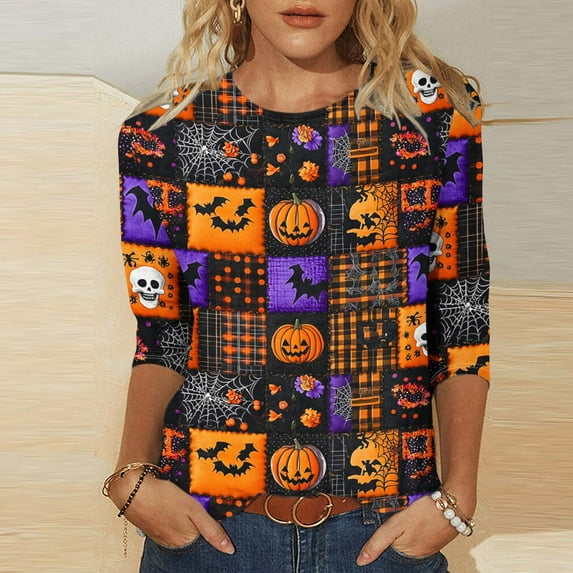 Yteetum Fall Outfits for Women 2025 3/4 Length Sleeve Womens Tops Halloween Print Oversize Crew Neck T-Shirt Tops Ladies Halloween Graphic Round Neck Loose Fits Plus Size Three Quarter Sleeve Shirts