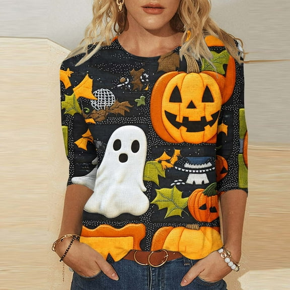 Yteetum Fall Outfits for Women 2025 3/4 Length Sleeve Womens Tops Halloween Print Oversize Crew Neck T-Shirt Tops Ladies Halloween Graphic Round Neck Loose Fits Plus Size Three Quarter Sleeve Shirts