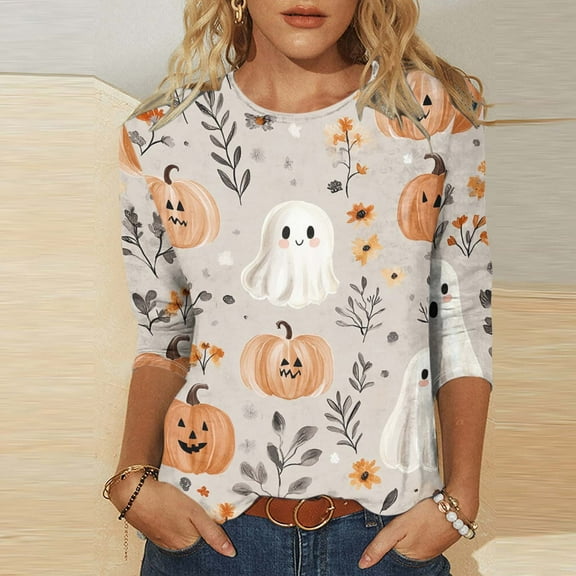 Yteetum Fall Outfits for Women 2025 3/4 Length Sleeve Womens Tops Halloween Print Oversize Crew Neck T-Shirt Tops Ladies Halloween Graphic Round Neck Loose Fits Plus Size Three Quarter Sleeve Shirts