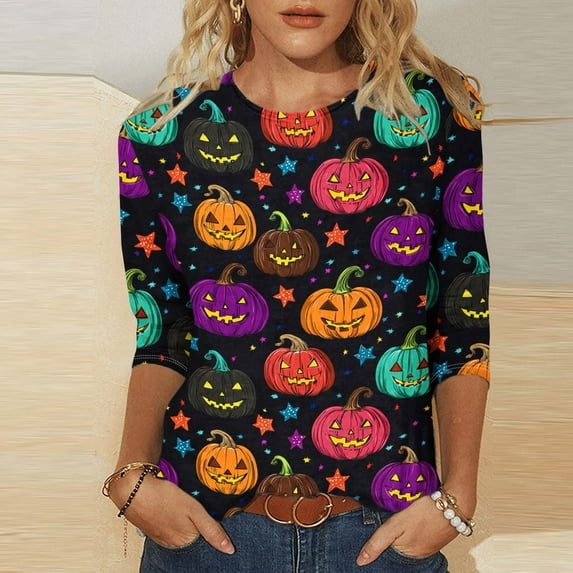 Yteetum Fall Outfits for Women 2025 3/4 Length Sleeve Womens Tops Halloween Print Oversize Crew Neck T-Shirt Tops Ladies Halloween Graphic Round Neck Loose Fits Plus Size Three Quarter Sleeve Shirts