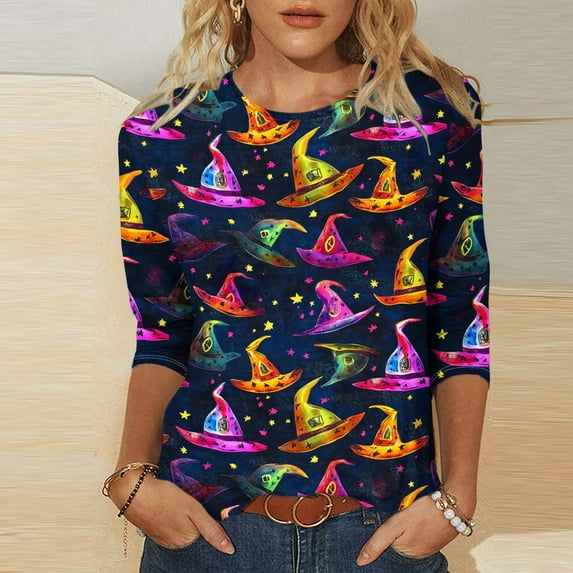 Yteetum Fall Outfits for Women 2025 3/4 Length Sleeve Womens Tops Halloween Print Oversize Crew Neck T-Shirt Tops Ladies Halloween Graphic Round Neck Loose Fits Plus Size Three Quarter Sleeve Shirts
