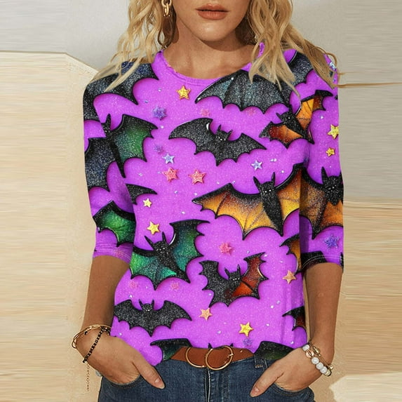 Yteetum Fall Outfits for Women 2025 3/4 Length Sleeve Womens Tops Halloween Print Oversize Crew Neck T-Shirt Tops Ladies Halloween Graphic Round Neck Loose Fits Plus Size Three Quarter Sleeve Shirts