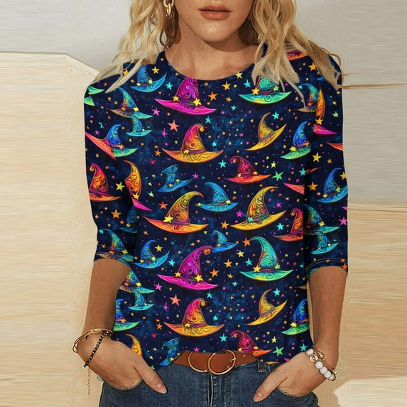 Yteetum Fall Outfits for Women 2025 3/4 Length Sleeve Womens Tops Halloween Print Oversize Crew Neck T-Shirt Tops Ladies Halloween Graphic Round Neck Loose Fits Plus Size Three Quarter Sleeve Shirts