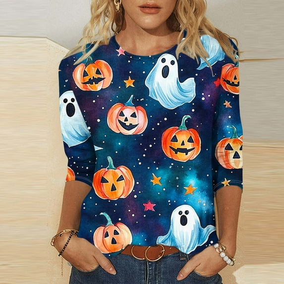 Yteetum Fall Outfits for Women 2025 3/4 Length Sleeve Womens Tops Halloween Print Oversize Crew Neck T-Shirt Tops Ladies Halloween Graphic Round Neck Loose Fits Plus Size Three Quarter Sleeve Shirts
